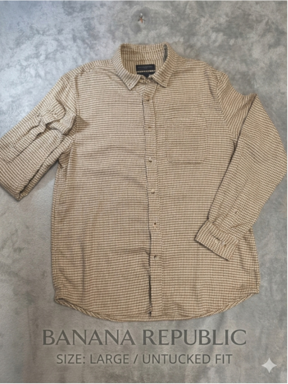 Banana Republic Men's Large Shirt Tan Cream Houndstooth Untucked Fit Long Sleeve